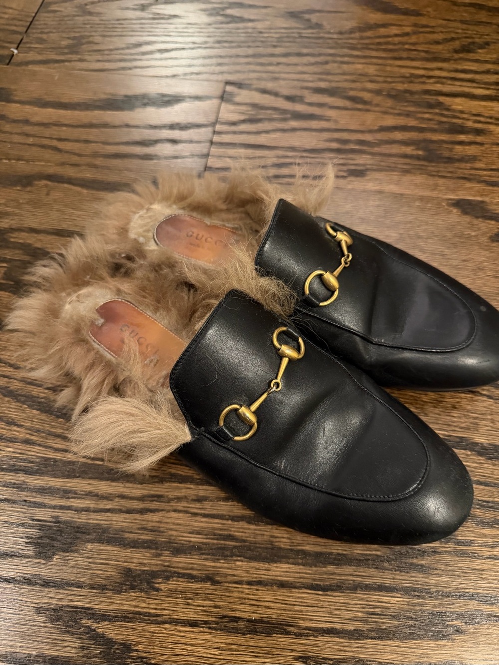Gucci Black Leather Fur-Lined Horsebit Backless Loafers